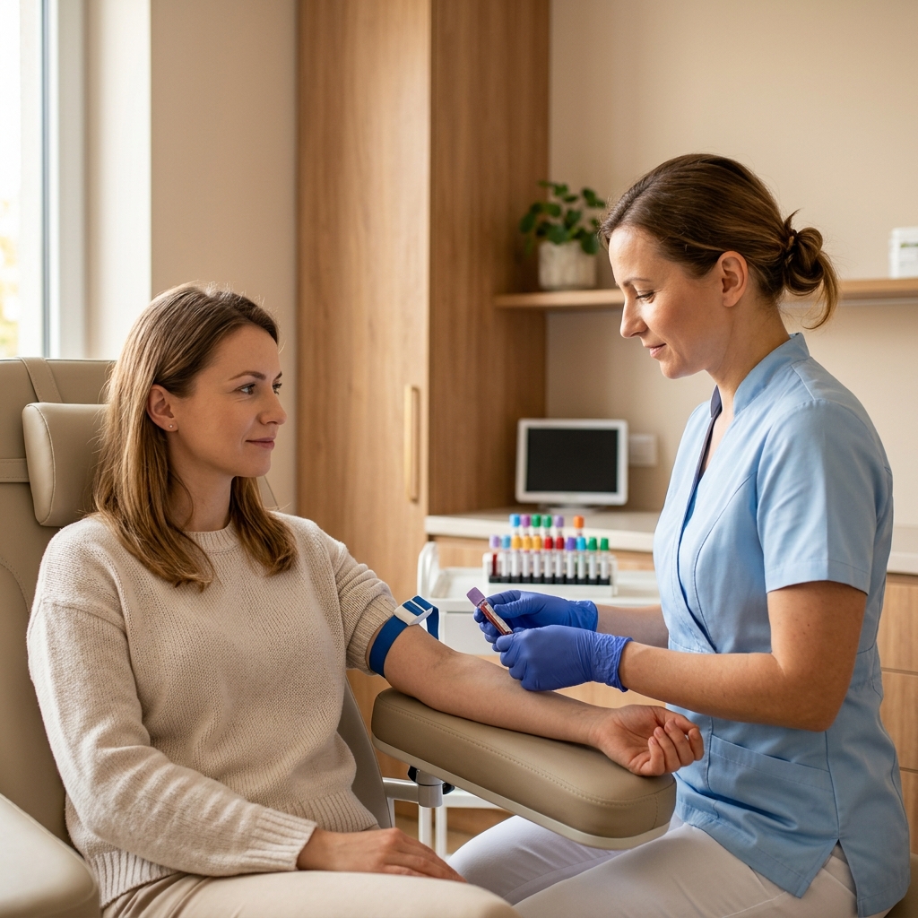 Badania laboratoryjne — pacjentka podczas pobrania krwi w laboratorium