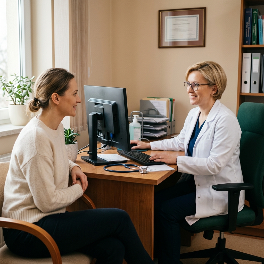 Konsultacja w gabinecie — pacjent z lekarzem przy biurku