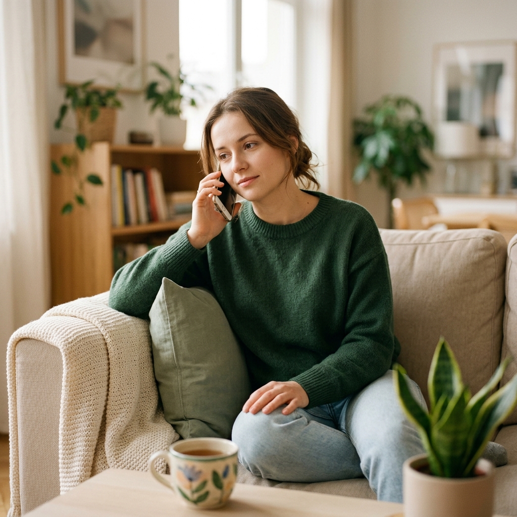 Konsultacja online — kobieta na kanapie z lekarzem na ekranie telefonu