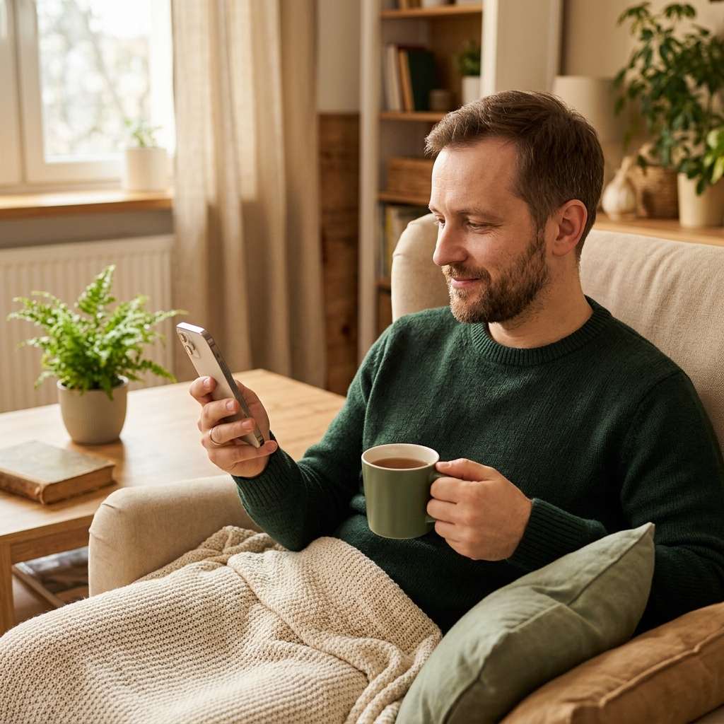 e-recepty i e-zwolnienia — mężczyzna z telefonem, odpoczywający w domu z herbatą